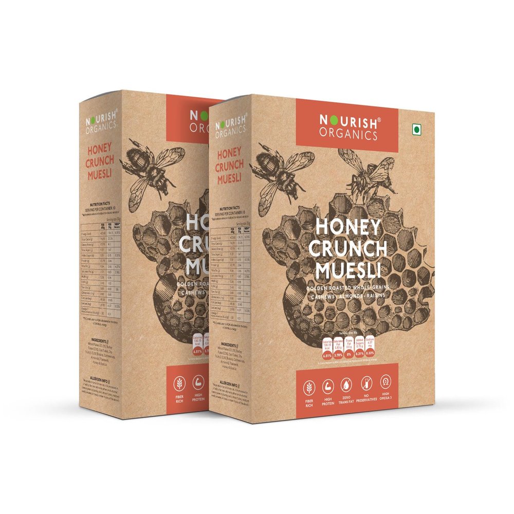Nourish Organics Honey Crunch Muesli 300g each Pack of 2 | Healthy and Nutritious Breakfast Cereals with Whole Nuts | No Refined Sugar | Clean Label