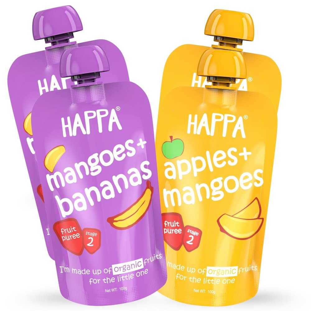 Happa Organic Baby Food Apple & Mango + Mango & Banana Puree Combo | 100% Fruits | No Added Sugar | No Milk Powder | No Preservatives | Stage 2 (6M+) | Ready to Eat | Allergen-Free | 4 x 100g