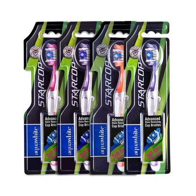 aquawhite Star Cop Toothbrush, Advanced Strain Removing Cup Bristles, (Pack of 4), Color May be Vary