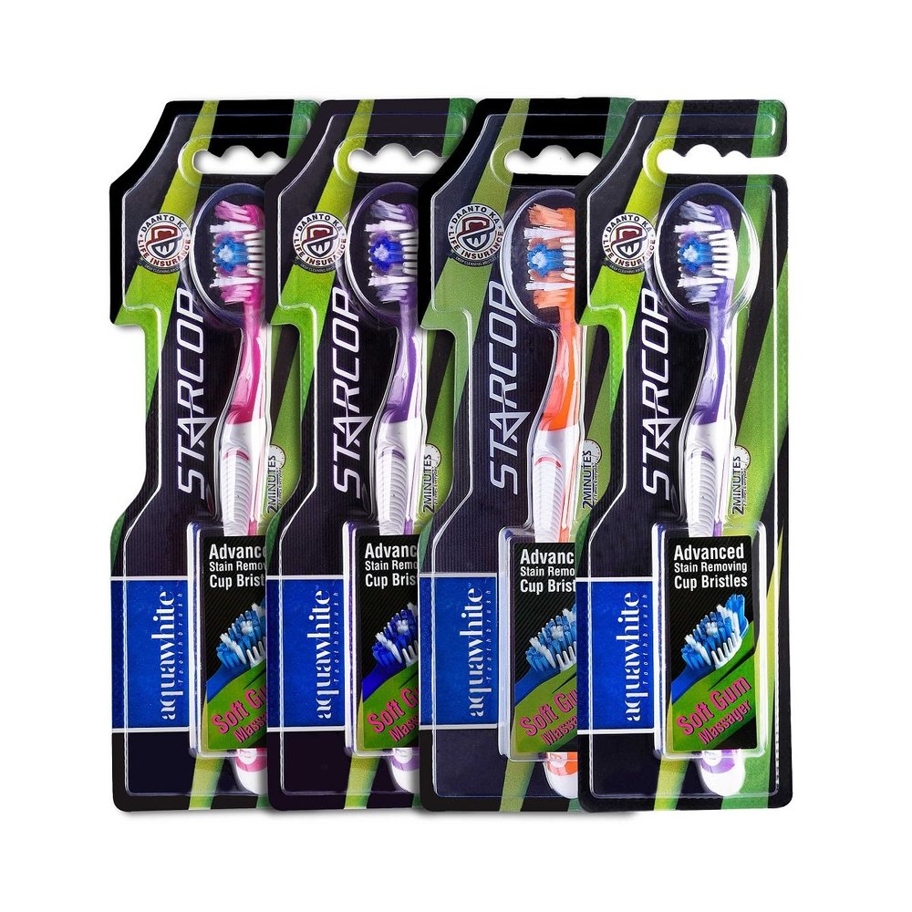 aquawhite Star Cop Toothbrush, Advanced Strain Removing Cup Bristles, (Pack of 4), Color May be Vary