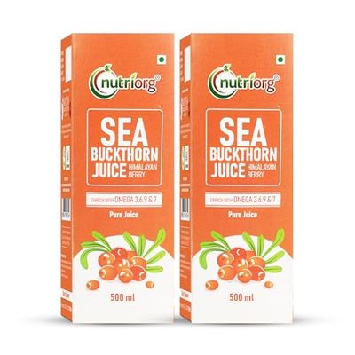 NutriOrg Pure Sea Buckthorn Juice 1L (Pk of 2 * 500) | 100% Himalayan Berry Pulp | Omega 3,6,7,9 & Vitamin C | Best for Immunity & Antioxidant Rich | No Added Sugar & Colour