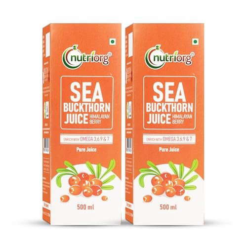 NutriOrg Pure Sea Buckthorn Juice 1L (Pk of 2 * 500) | 100% Himalayan Berry Pulp | Omega 3,6,7,9 & Vitamin C | Best for Immunity & Antioxidant Rich | No Added Sugar & Colour
