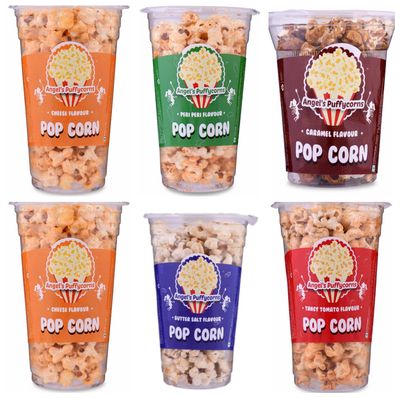 Angels Puffycorns Flavoured Ready to Eat PopCorn - Mix Flavour - Pack of 6 Units (2 Cheese, 1 Tangy Tomato, 1 Butter Salted, 1 Peri Peri & 1 Caramel)