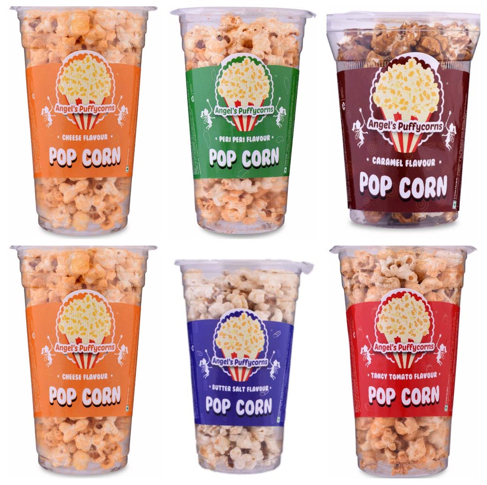 Angels Puffycorns Flavoured Ready to Eat PopCorn - Mix Flavour - Pack of 6 Units (2 Cheese, 1 Tangy Tomato, 1 Butter Salted, 1 Peri Peri & 1 Caramel)