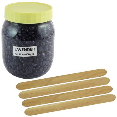 No Strip Lavender Flavor Depilatory Wax Pearl Hair Removal Hot Wax Beans, 400 grams With 4 Wodden Stick