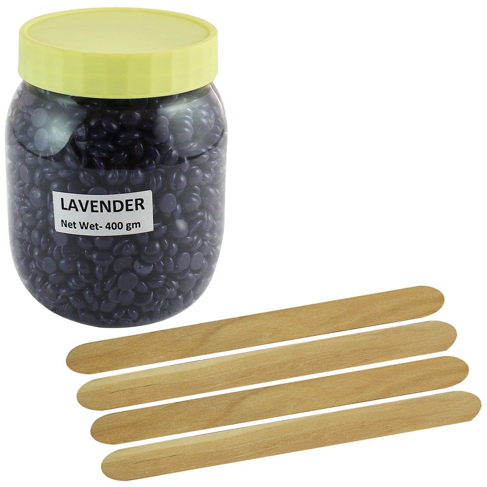 No Strip Lavender Flavor Depilatory Wax Pearl Hair Removal Hot Wax Beans, 400 grams With 4 Wodden Stick