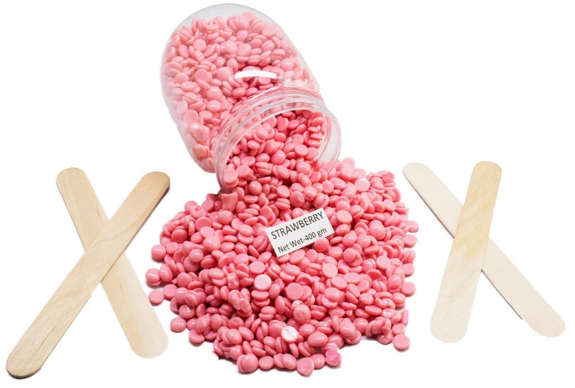 No Strip Strawberry Flavor Depilatory Wax Pearl Hair Removal Hot Wax Beans, 400 grams With 4 Wodden Stick