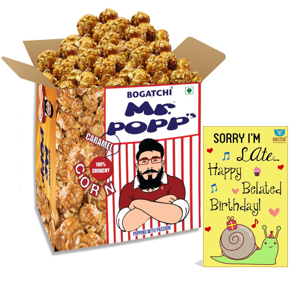 BOGATCHI Mr.POPP's Crunchy Caramel Popcorn, Handcrafted Gourmet Popcorn, Best Birthday Gift, 375g + Free Happy Belated Birthday Greeting Card
