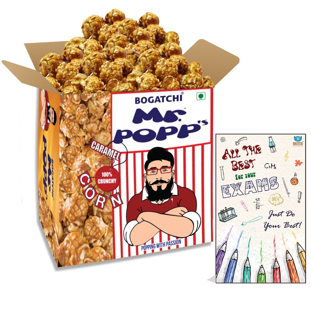 BOGATCHI Mr.POPP's Crunchy Caramel Popcorn, Handcrafted Gourmet Popcorn, Perfect Exam Time Gift , 375g + Free Exam Time Greeting Card