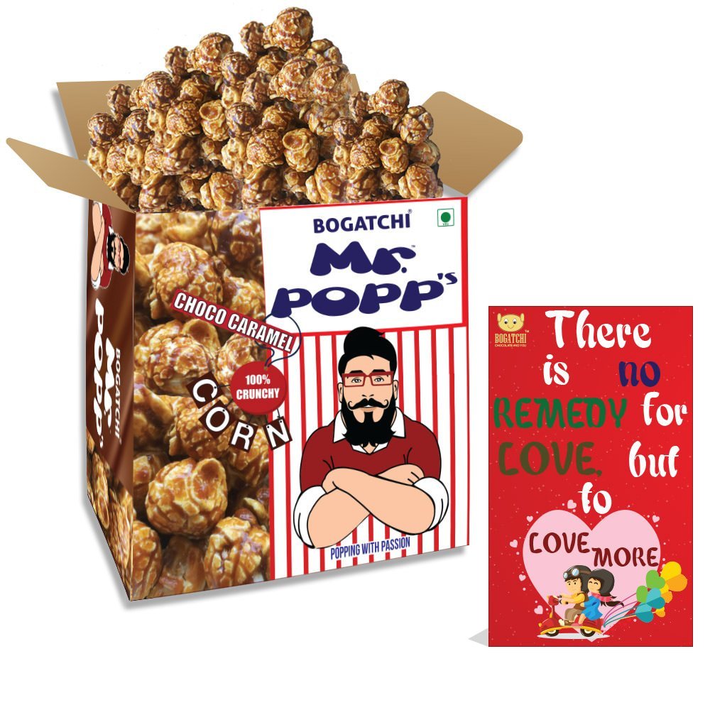 BOGATCHI Mr.POPP's Dark Chocolate Popcorn, Handcrafted Gourmet Popcorn Party Snacks, 100% Crunchy Delicious Fully Popped Corns,, Perfect Anniversary Gift, 375g + Free Happy Anniversary Greeting Card