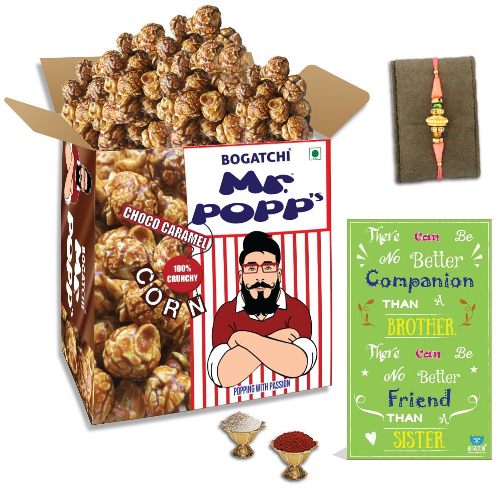 BOGATCHI Mr.POPP's Dark Chocolate Popcorn, 100% Crunchy Mushroom Popped Kernels, Handcrafted Gourmet Popcorn, Best Rakhi Gift for Bhai , 375g + Free Happy Rakhi Greeting Card + Free Rakhi