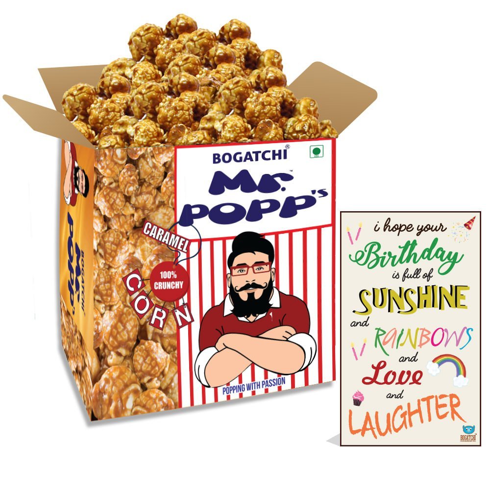 BOGATCHI Mr.POPP's Caramel Popcorn, 100% Mushroom Popped Crunchy Best Quality Kernels, Handcrafted Gourmet Popcorn, Best Birthday Gift for Girlfriend , 375g + Free Happy Birthday Greeting Card