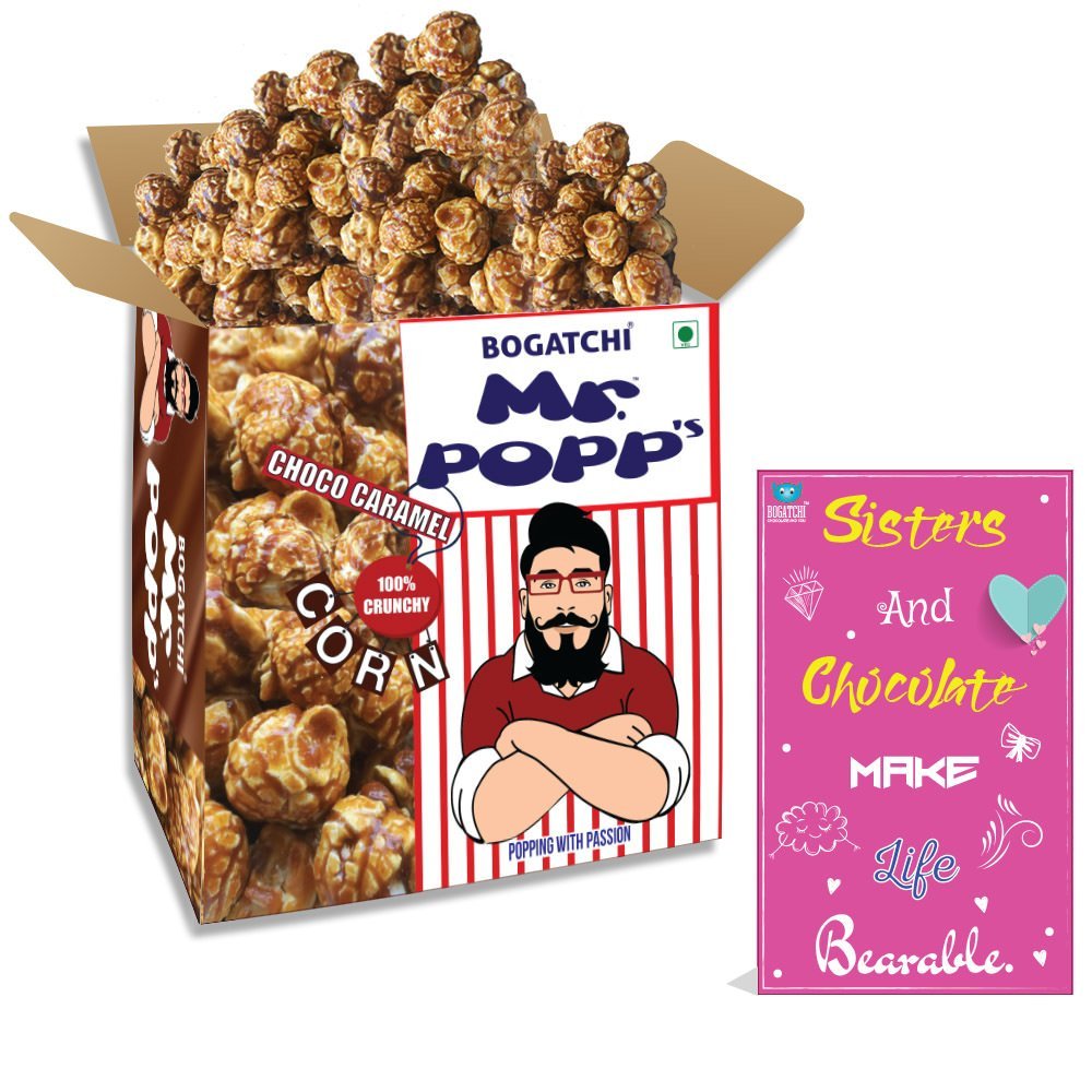 BOGATCHI Mr.POPP's Dark Chocolate Popcorn, 100% Crunchy Mushroom Popped Kernels, Handcrafted Gourmet Popcorn, Perfect Rakhi Gift , 375g + Free Happy Rakhi Greeting Card