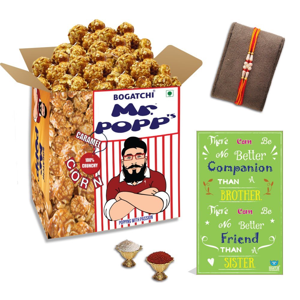 BOGATCHI Mr.POPP's Caramel Popcorn, 100% Crunchy HandCrafted Gourmet Popcorn Snacks | NO Microwave needed | Best Movie / TV Time Snack, Best Rakhi Gift for Bhai , 375g + FREE Happy Rakhi Greeting Card + FREE Rakhi