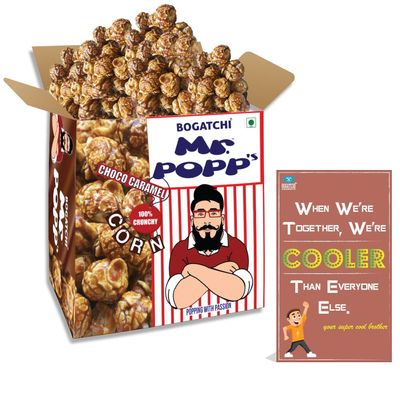 BOGATCHI Mr.POPP's Dark Chocolate Popcorn, 100% Crunchy Mushroom Popped Kernels, Handcrafted Gourmet Popcorn, Best Rakhi Gift , 375g + Free Happy Rakhi Greeting Card