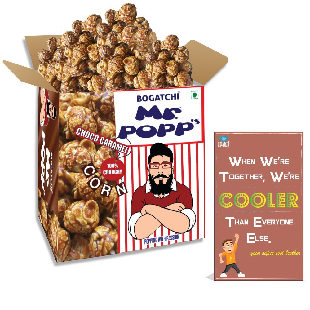 BOGATCHI Mr.POPP's Dark Chocolate Popcorn, 100% Crunchy Mushroom Popped Kernels, Handcrafted Gourmet Popcorn, Best Rakhi Gift , 375g + Free Happy Rakhi Greeting Card