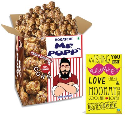 BOGATCHI Mr.POPP's Dark Chocolate Popcorn, HandCrafted Gourmet Popcorn Snacks, 100% Mushroom Popped Crunchy Best Quality Kernels, Perfect Birthday Gift for father , 375g + FREE Happy Birthday Greeting Card