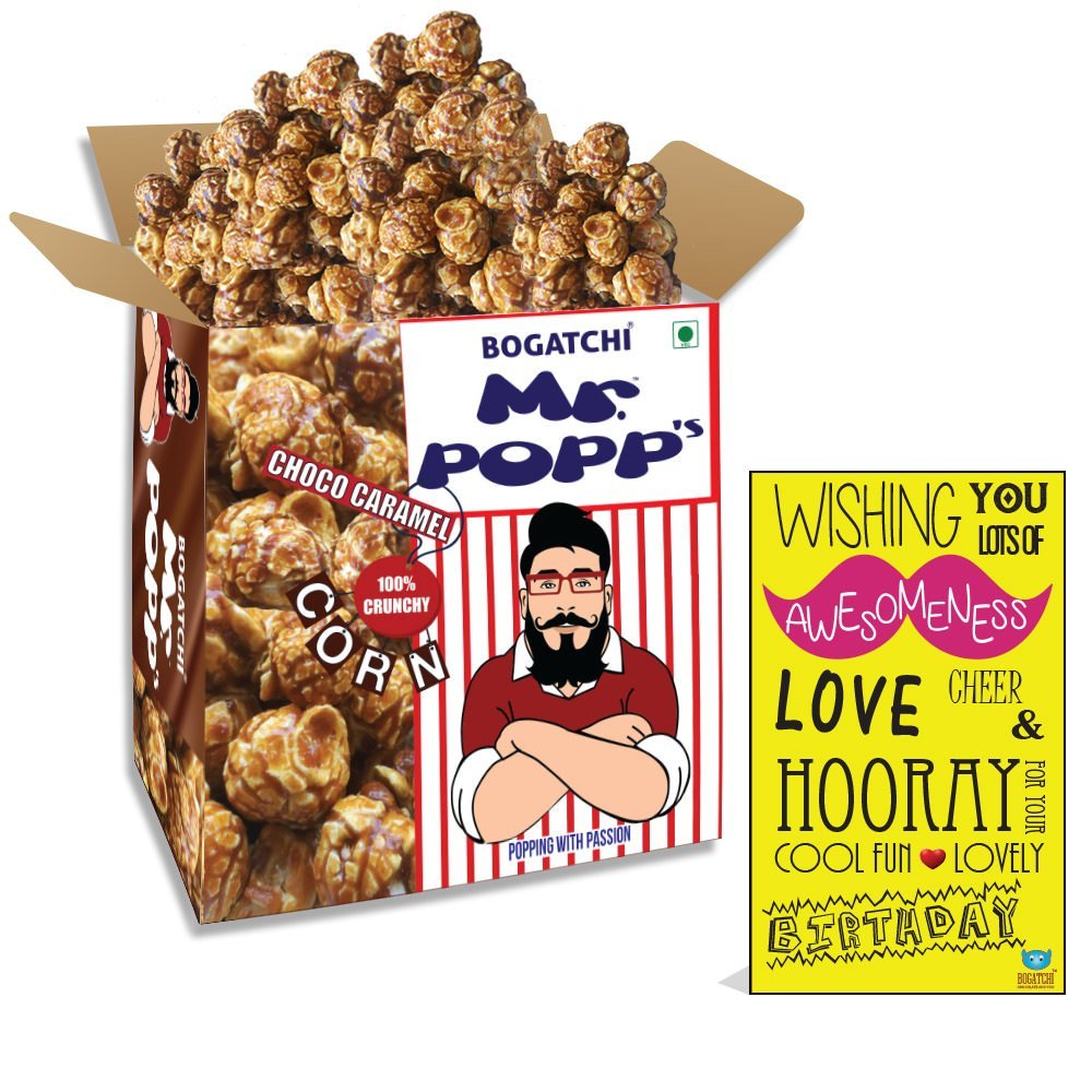 BOGATCHI Mr.POPP's Dark Chocolate Popcorn, HandCrafted Gourmet Popcorn Snacks, 100% Mushroom Popped Crunchy Best Quality Kernels, Perfect Birthday Gift for father , 375g + FREE Happy Birthday Greeting Card