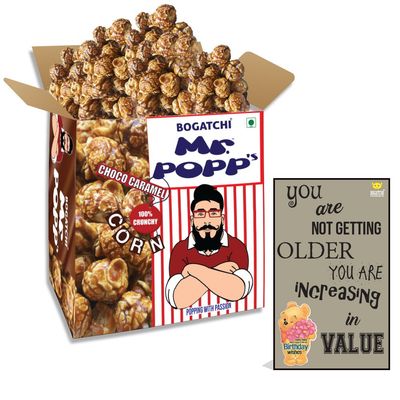 BOGATCHI Mr.POPP's Dark Chocolate Popcorn, 100% Mushroom Popped Crunchy Best Quality Kernels, Handcrafted Gourmet Popcorn, Best Birthday Gift for Mother , 375g + Free Happy Birthday Greeting Card