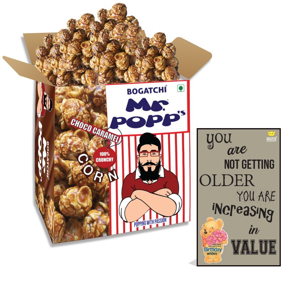 BOGATCHI Mr.POPP's Dark Chocolate Popcorn, 100% Mushroom Popped Crunchy Best Quality Kernels, Handcrafted Gourmet Popcorn, Best Birthday Gift for Mother , 375g + Free Happy Birthday Greeting Card