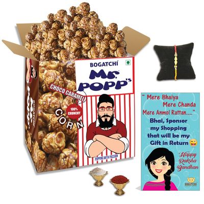 BOGATCHI Mr.POPP's Dark Chocolate Popcorn, HandCrafted Gourmet Popcorn Party Snacks, 100% Crunchy Delicious Fully Popped Corns,, Best Rakhi Gift for Brother 375g + FREE Happy Rakhi Greeting Card + FREE Rakhi
