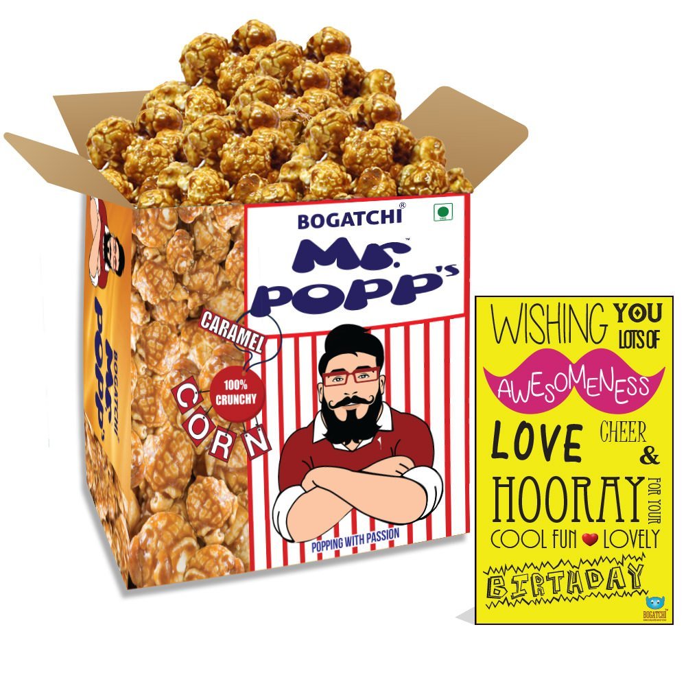BOGATCHI Mr.POPP's Caramel Popcorn, 100% Crunchy HandCrafted Gourmet Popcorn Snacks | NO Microwave needed | Best Movie / TV Time Snack, Perfect Birthday Gift for father , 375g + FREE Happy Birthday Greeting Card