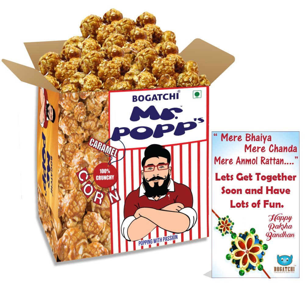 BOGATCHI Mr.POPP's Caramel Popcorn, 100% Crunchy Mushroom Popped Kernels, Handcrafted Gourmet Popcorn, Perfect Rakhi Gift from Sister to Brother , 375g + Free Happy Rakhi Greeting Card