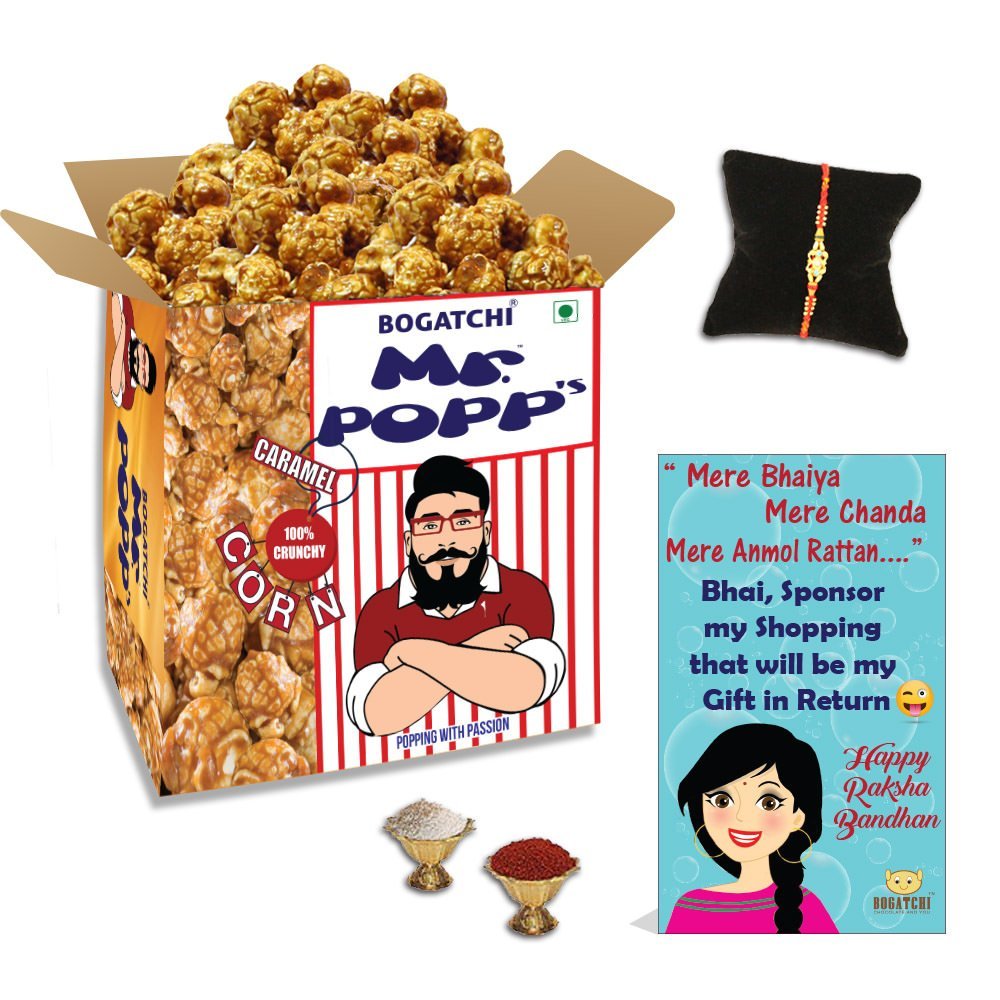 BOGATCHI Mr.POPP's Caramel Popcorn, 100% Crunchy Mushroom Popped Kernels, Handcrafted Gourmet Popcorn, Best Rakhi Gift for Brother 375g + Free Happy Rakhi Greeting Card + Free Rakhi