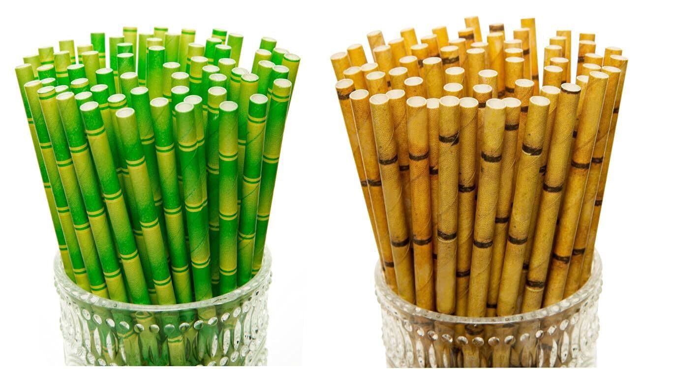 YEHAM 100 Pc 2 Different colors Biodegradable Bamboo Print Paper Drinking Straws for Juices Shakes Birthday Wedding Party Supplies