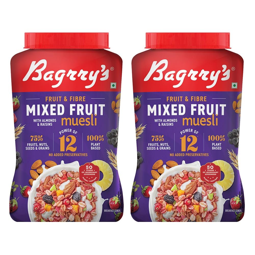 Bagrry's Fruit N Fibre, Mixed Fruit Muesli, 1000 GM, Jar, Pack of 2