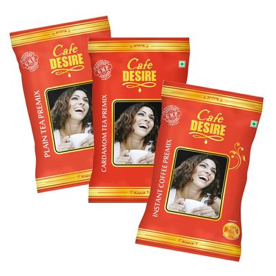 Cafe DESIRE I DRINK SUCCESS Instant Coffee Premix, Cardamom Tea Premix, Plain Tea Premix | 3X1Kg | Makes 250 Cups | Vending Machines Suitable