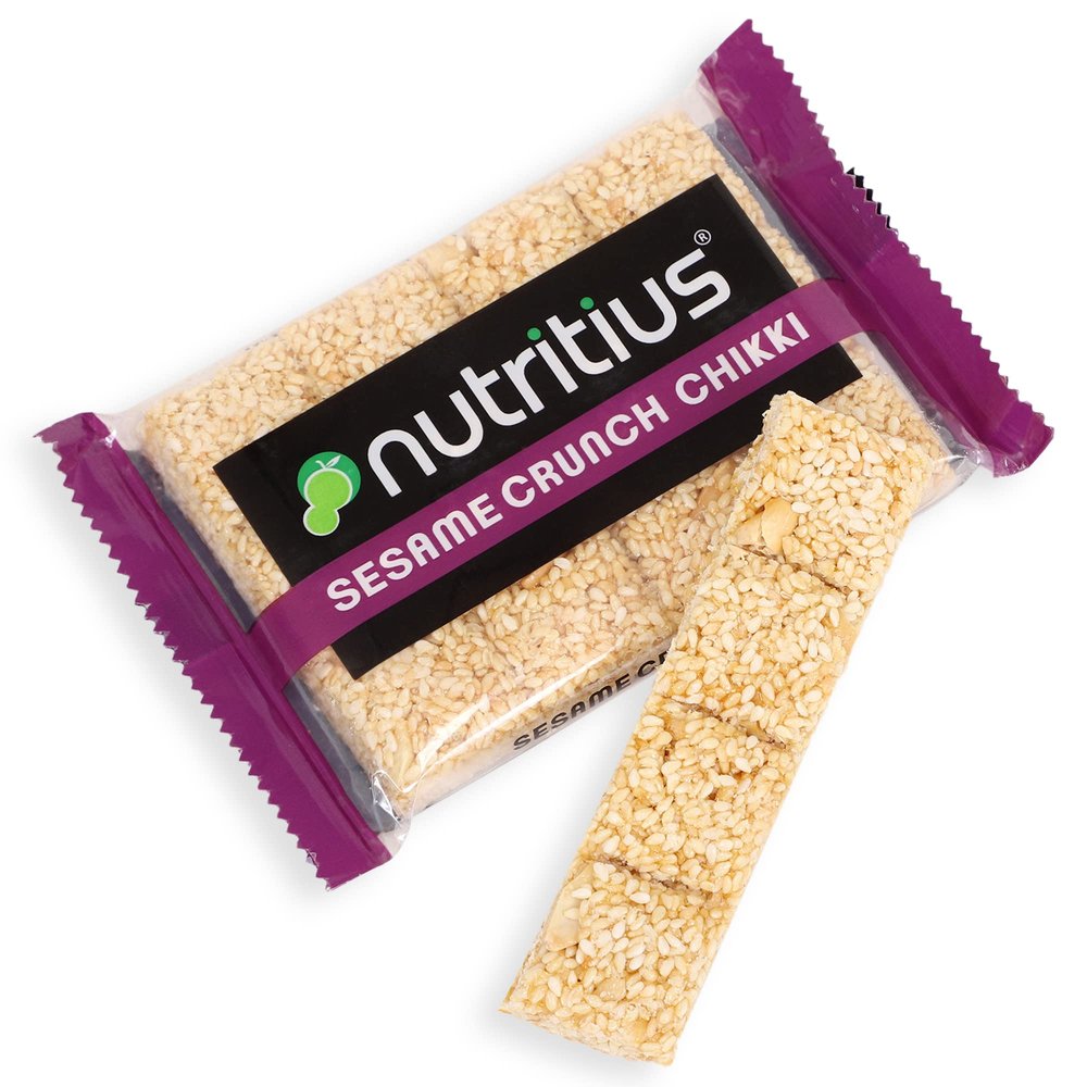 Nutritius Sesame Crunch Chikki 100g (Pack of 12) + 1 FREE Surprise Chikki (26g) | Till Chikki | Gajak | White Til | Winter Snack | Sesame Bar | Made with Jaggery | No Glucose Syrup | No Preservatives | Gluten Free | Indian Sweets | Gajak