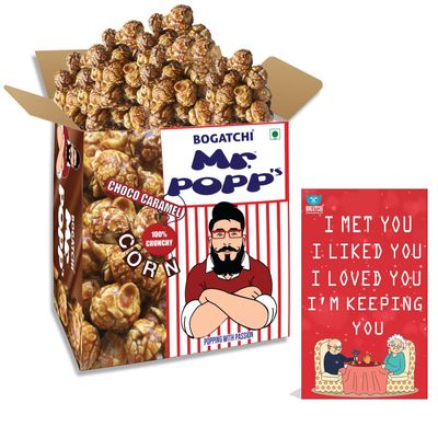 BOGATCHI Mr.POPP's Dark Chocolate Popcorn, Handcrafted Gourmet Popcorn, Best Anniversary Gift for Parents, 375g + Free Happy Anniversary Greeting Card
