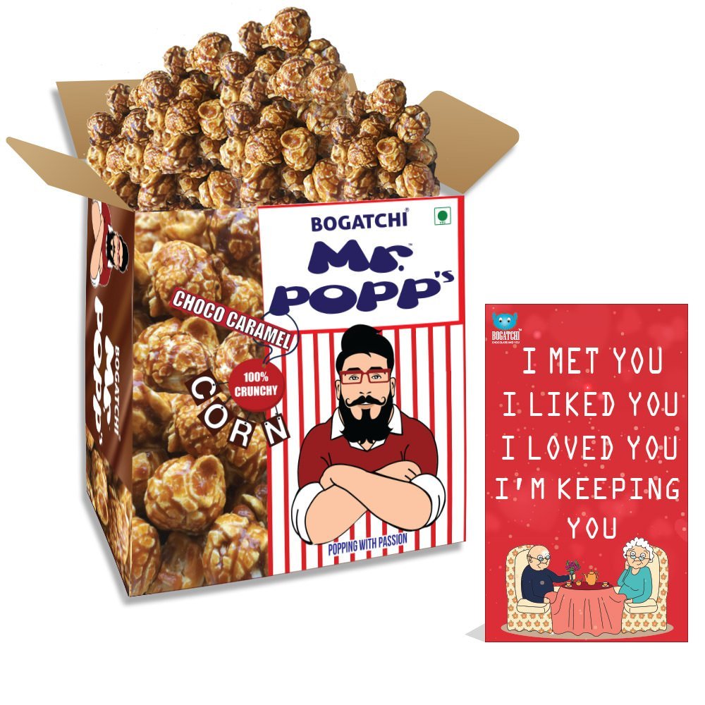 BOGATCHI Mr.POPP's Dark Chocolate Popcorn, Handcrafted Gourmet Popcorn, Best Anniversary Gift for Parents, 375g + Free Happy Anniversary Greeting Card