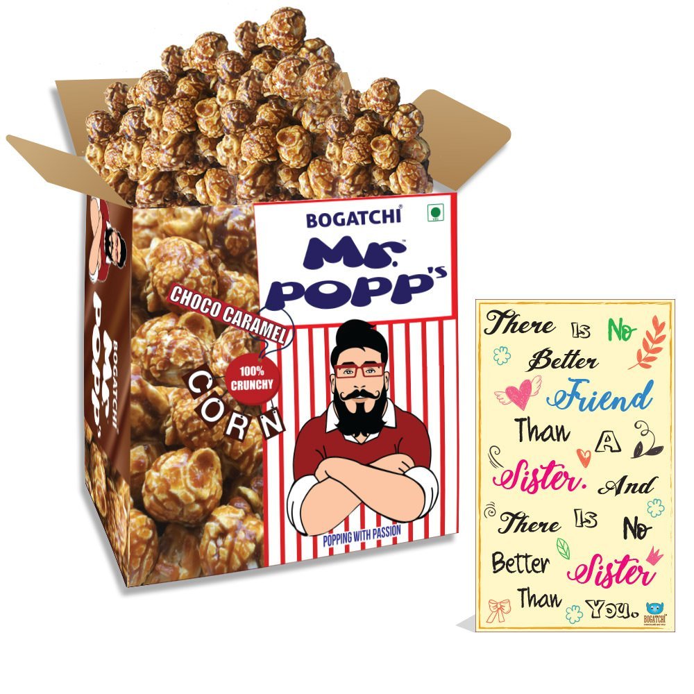BOGATCHI Mr.POPP's Dark Chocolate Popcorn, 100% Mushroom Popped Crunchy Best Quality Kernels, Handcrafted Gourmet Popcorn, Perfect Rakhi Gift for Girl , 375g + Free Happy Rakhi Greeting Card