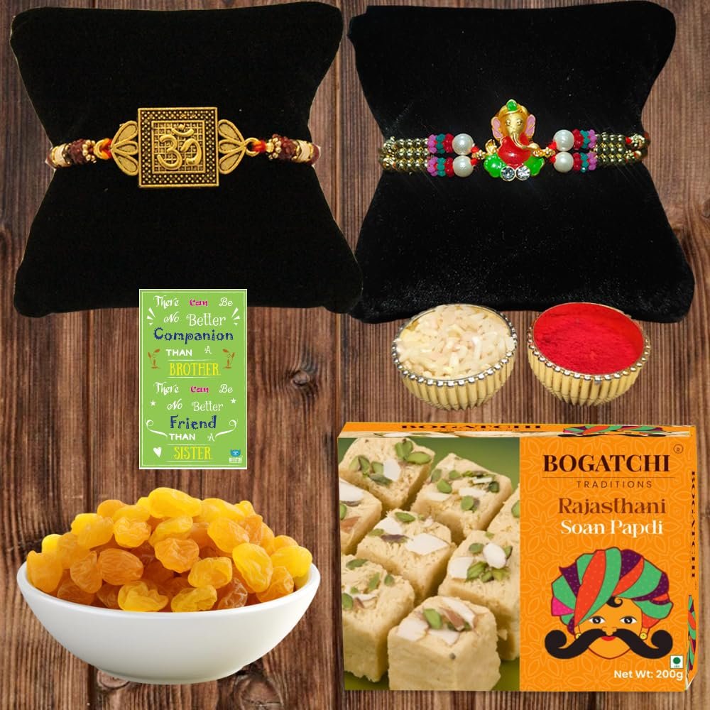 BOGATCHI Complete Rakhi Gift Hamper Sweets and Dry Fruits, Best Gift for Brother, Traditional Soan Papdi(200g) & Natural Raisins (50g) + Free Rakhi Greeting Card + Free Rakhi + Roli Chawal