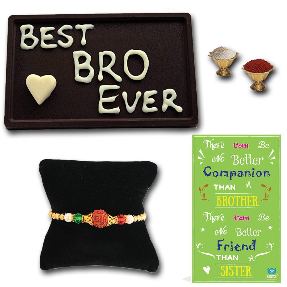 BOGATCHI Best Bro Ever Dark Chocolate ,Free Rakhi, Free Rakhi Greeting Card + Free Roli Chawal