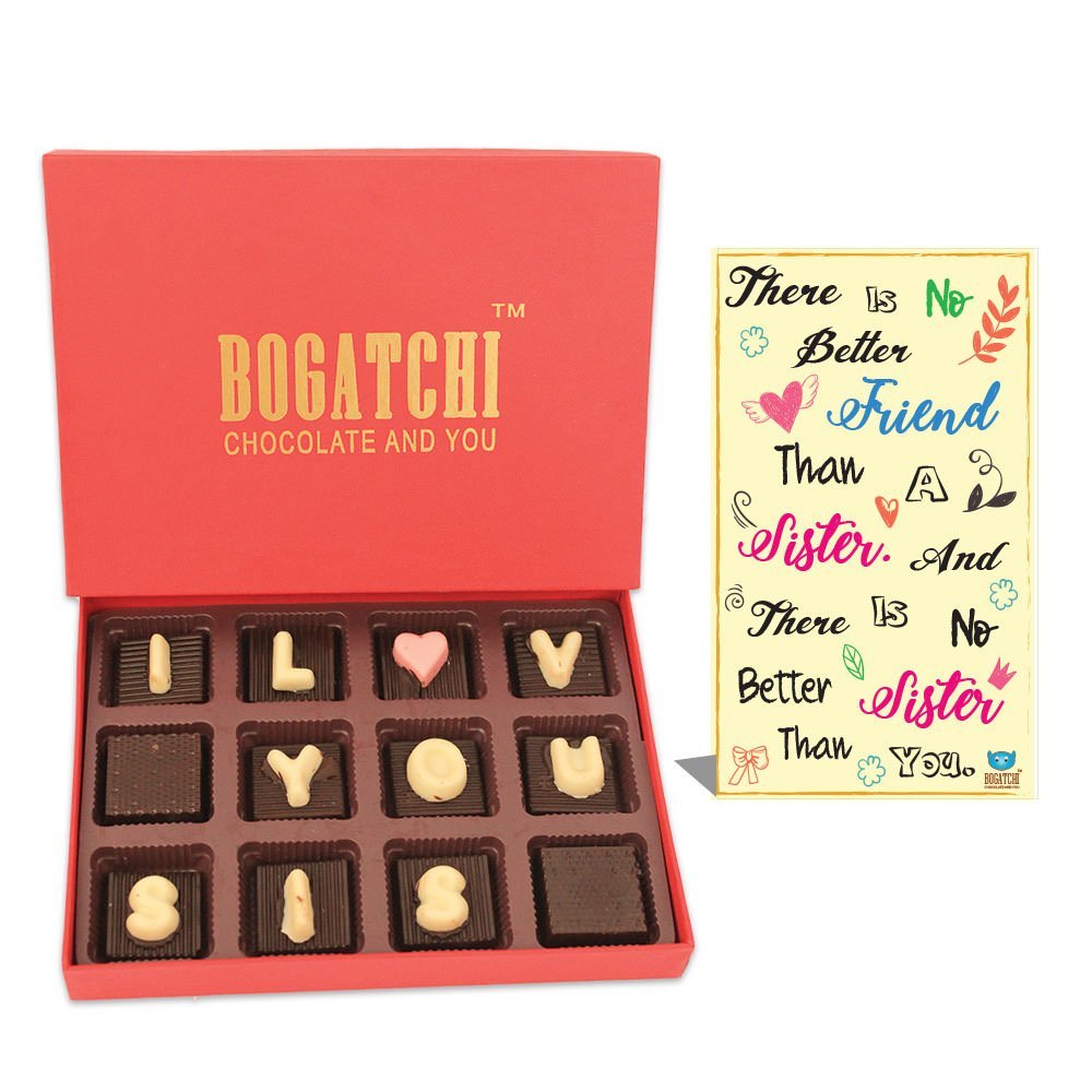 BOGATCHI Happy Rakhi Gift Box for Sister, I Love You SIS Chocolate 12pcs + Free Adorable Rakhi Greeting Card