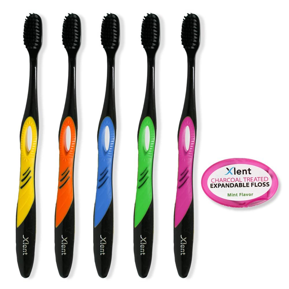Activated Charcoal Bristle Toothbrush - Xtreme (Extreme) Soft, Ultrafine, Tapered bristles, Compact Head & Slim Design (5 Toothbrush + 1 Floss 5m)