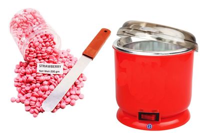 [Ear Lobe & Accessories] No Strip Depilatory Pearl | Hair Removal | Hot Wax Beans | Pink/Strawberry 200 gm | wax Knife 1pcs | Wax Heater 1pcs