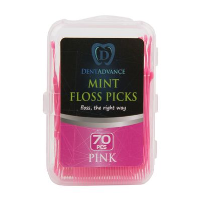 DentAdvance Mint Dental Floss Picks - Easy Reach Back Teeth | Tooth Flossers | Pink, Mint Flavored, 70 ct, w/Travel Case