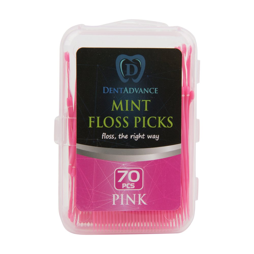 DentAdvance Mint Dental Floss Picks - Easy Reach Back Teeth | Tooth Flossers | Pink, Mint Flavored, 70 ct, w/Travel Case
