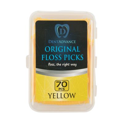 DentAdvance Original Dental Floss Picks - Easy Reach Back Teeth | Tooth Flossers |Yellow, Unflavored, 70 ct, w/Travel Case