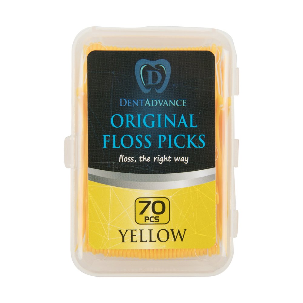 DentAdvance Original Dental Floss Picks - Easy Reach Back Teeth | Tooth Flossers |Yellow, Unflavored, 70 ct, w/Travel Case