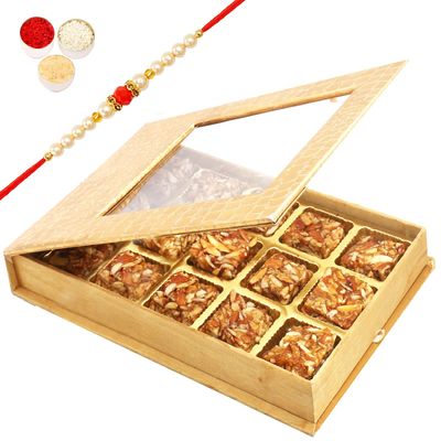Ghasitaram Gifts Rakhi Gifts for Brothers Rakhi Sweets - Golden Leather Finish 15 pcs Roasted Almond Bites Box with Beads Rakhi