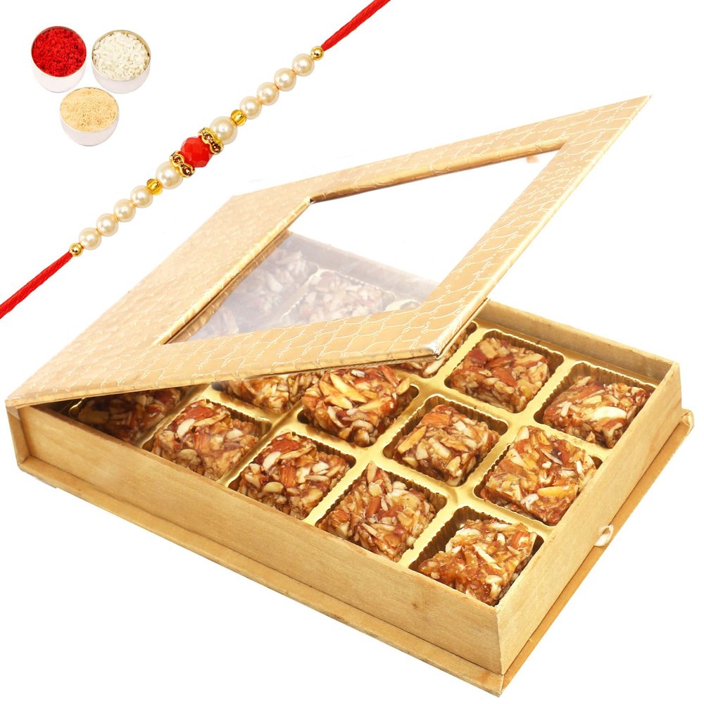 Ghasitaram Gifts Rakhi Gifts for Brothers Rakhi Sweets - Golden Leather Finish 15 pcs Roasted Almond Bites Box with Beads Rakhi