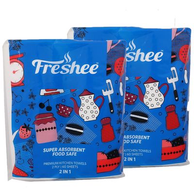 FRESHEE Premium Kitchen Towel, 2 Rolls in Each Pack, 60 Sheets with 2 ply (Pack of 2)