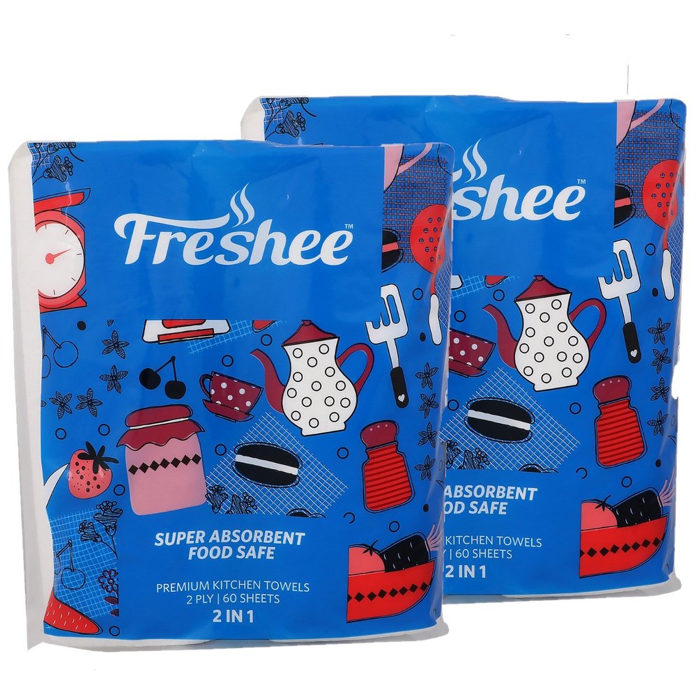 FRESHEE Premium Kitchen Towel, 2 Rolls in Each Pack, 60 Sheets with 2 ply (Pack of 2)
