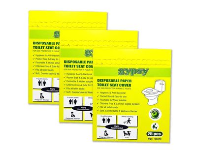 Gypsy Disposable Paper Toilet Seat Covers -75 Sheets (3 x 25) | Flushable & Nature Friendly | Travel Pack For Skin Protection In Unhygienic Public Toilets.
