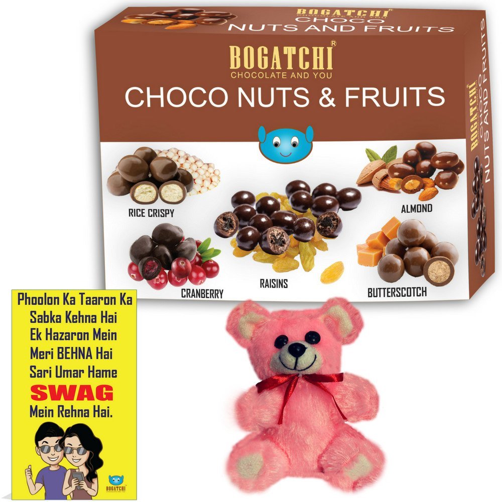 BOGATCHI Rakhi Special Rich Dry Collection Gift for Sister, Chocolate Coated Assorted Nuts and Fruits, 100g + Free Rakhi Greeting Card + Free Teddy
